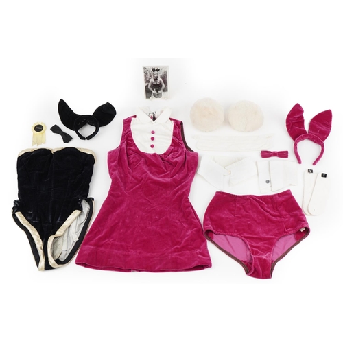 Bunny Girl's Playboy outfit for Natalie including black velvet corset, pink velvet shorts and bunny ears along with a photograph of Natalie in her costume