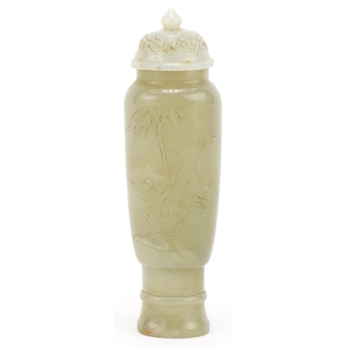 Chinese jade scent bottle carved with bamboo and flowers, 12cm high