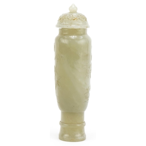 77 - Chinese jade scent bottle carved with bamboo and flowers, 12cm high