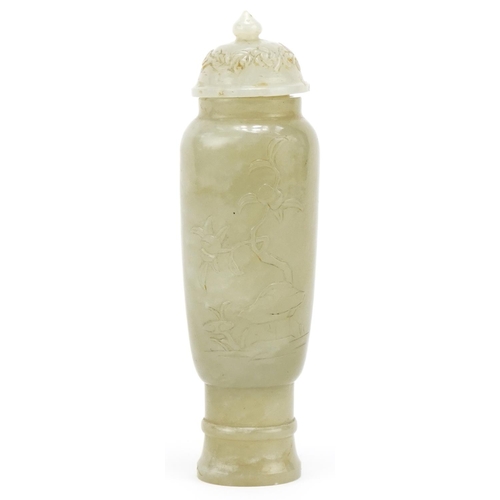 77 - Chinese jade scent bottle carved with bamboo and flowers, 12cm high