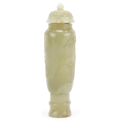 77 - Chinese jade scent bottle carved with bamboo and flowers, 12cm high