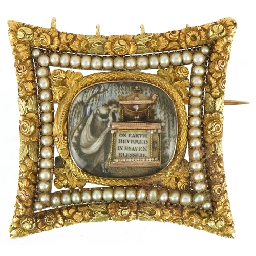 Georgian gold mourning brooch finely engraved with flowers and seed pearls, the plaque hand painted with On Earth Revered, in Heaven Blessed, Matthew Walker died 21st November 1818 aged 63 script to the reverse, 4cm x 4cm