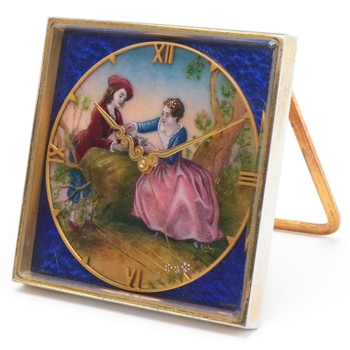 Imhof brass strut alarm clock with hand painted dial by Richay, the Swiss movement numbered 1283298 to the back, 10cm x 10cm