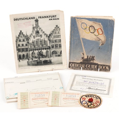 1444 - The Berlin 1936 Olympic memorabilia including Official Handbook, patch badge, tickets for 12th Augus... 