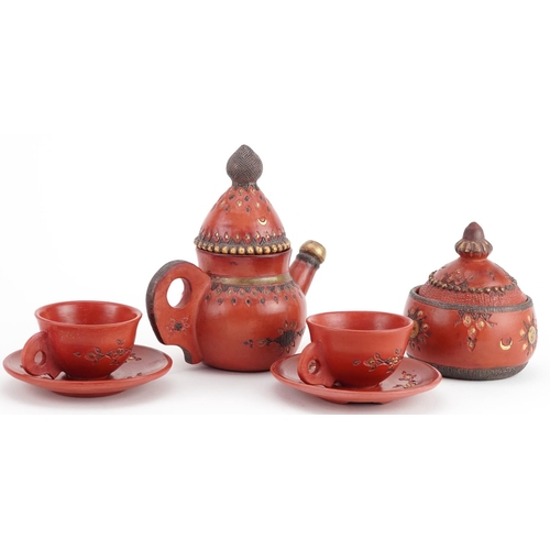 225 - Turkish Tophane seven piece coffee for two service comprising coffee pot, lidded sugar bowl, two cup... 