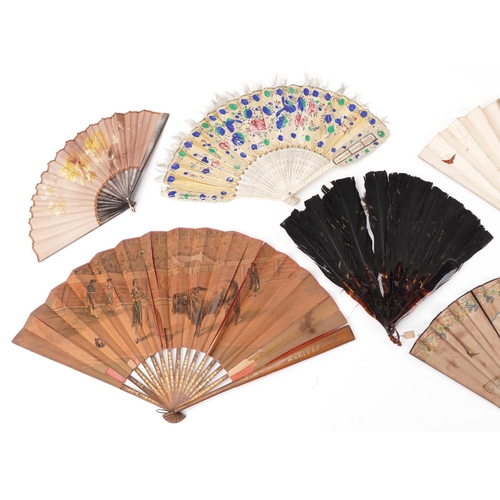 1132 - Selection of vintage fans including feather and a hand painted mother of pearl example, the largest ... 