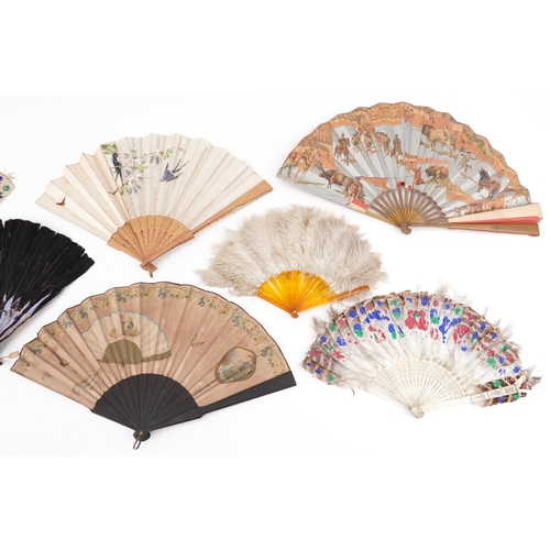 1132 - Selection of vintage fans including feather and a hand painted mother of pearl example, the largest ... 