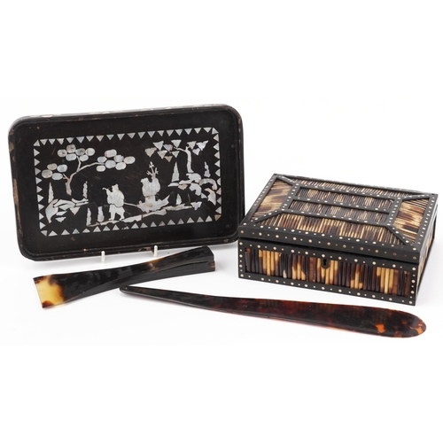 1131 - Porcupine and ebony quill box, tortoiseshell letter opener and an inlaid mother of pearl Chinese lac... 