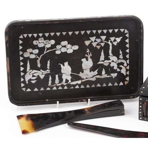 1131 - Porcupine and ebony quill box, tortoiseshell letter opener and an inlaid mother of pearl Chinese lac... 