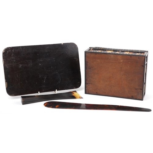 1131 - Porcupine and ebony quill box, tortoiseshell letter opener and an inlaid mother of pearl Chinese lac... 