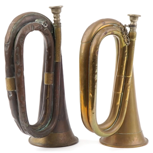 493 - R G Lawrie Glasgow 1920 copper and brass bugle and a Mayers & Harrison Ltd brass bugle, the largest ... 