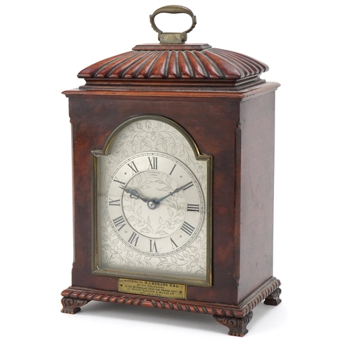 J W Benson London mahogany mantle clock with silvered dial, the movement stamped Medialle d'Or, Paris 1900, the French movement numbered 1117, 30cm high