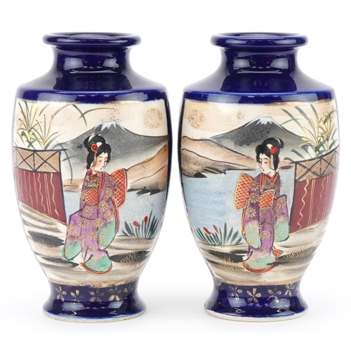 292 - Pair of Japanese Satsuma vases hand painted with Geisha girls, each 19cm high