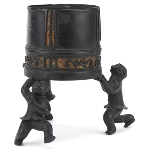 434 - Chinese bronze incense burner supported by three playful boys, 15cm high