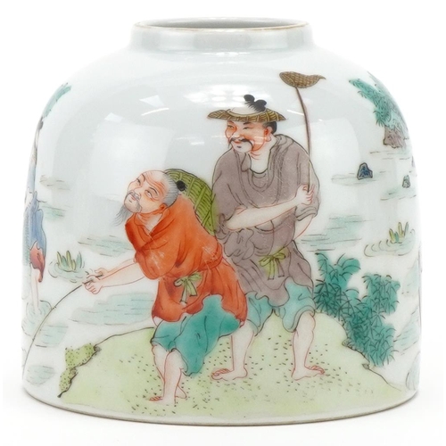 166 - Chinese porcelain brush pot hand painted with fishermen, 9cm high