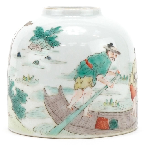 166 - Chinese porcelain brush pot hand painted with fishermen, 9cm high