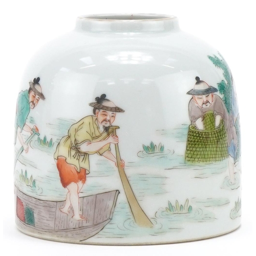 166 - Chinese porcelain brush pot hand painted with fishermen, 9cm high