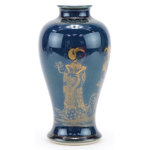 168 - Chinese porcelain blue ground vase hand gilded with panel of ladies, 20cm high