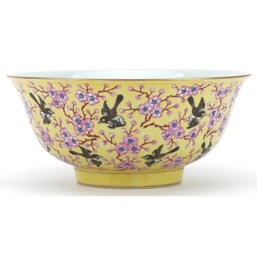 351 - Chinese porcelain yellow ground bowl decorated with flowers and birds, character mark to the base, 1... 