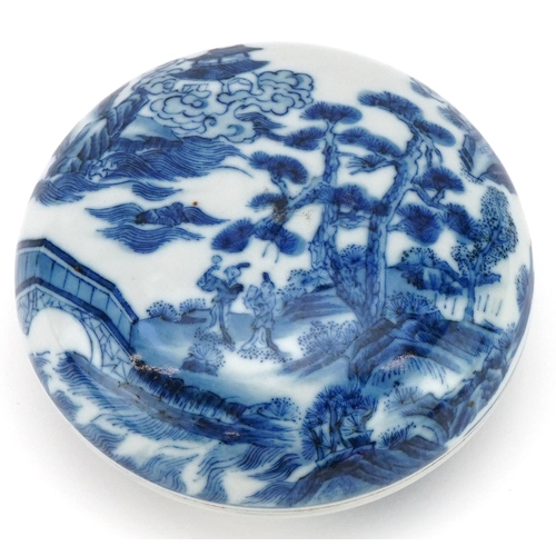 284 - Chinese blue and white porcelain box and cover hand painted with a willow pattern design, character ... 