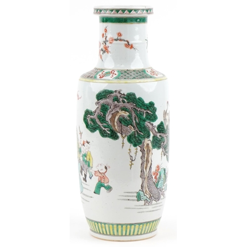 68 - Chinese porcelain Rouleau vase hand painted with elders and children at play, objects and flowers, 5... 