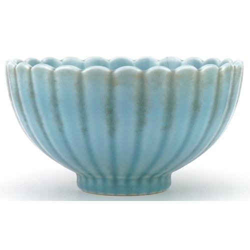 167 - Chinese blue celadon glazed lotus bowl, 19cm in diameter