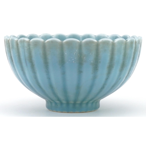 167 - Chinese blue celadon glazed lotus bowl, 19cm in diameter