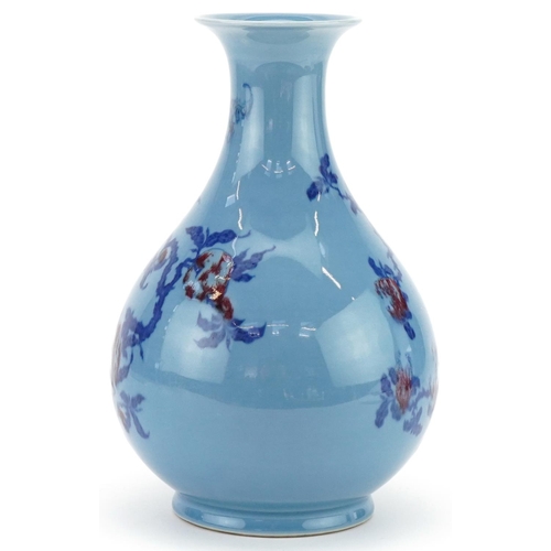 349 - Chinese blue glazed porcelain vase hand painted with prunus and bats, character mark to the base, 27... 