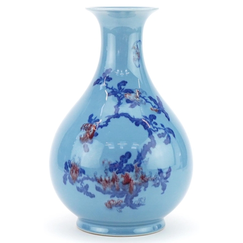 349 - Chinese blue glazed porcelain vase hand painted with prunus and bats, character mark to the base, 27... 