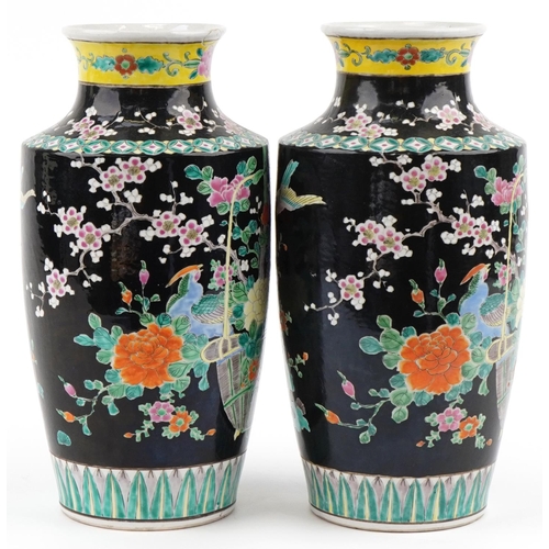 345 - Large pair of Chinese porcelain black enamelled vases decorated with birds of paradise and flowers, ... 