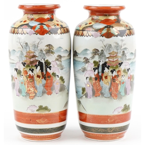 293 - Pair of Japanese Kutani porcelain vases hand painted with panels of Geishas and landscapes before Mo... 