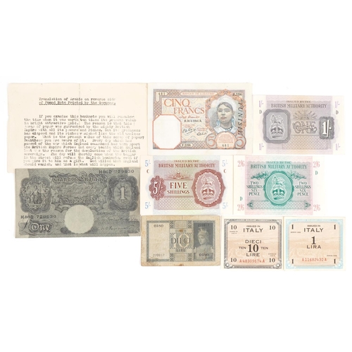 Bank of England propaganda note for World War II dropped by the Germans over North Africa, British Military Authority issue notes and Italian notes