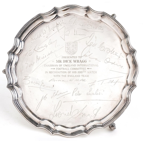 1450 - Football interest silver plated salver presented to Mr Dick Wragg, chairman of The England Internati... 