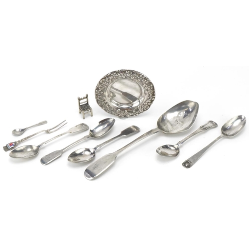 2447 - Victorian and later silver including spoons and a German silver dish, the largest 21.5cm in length, ... 