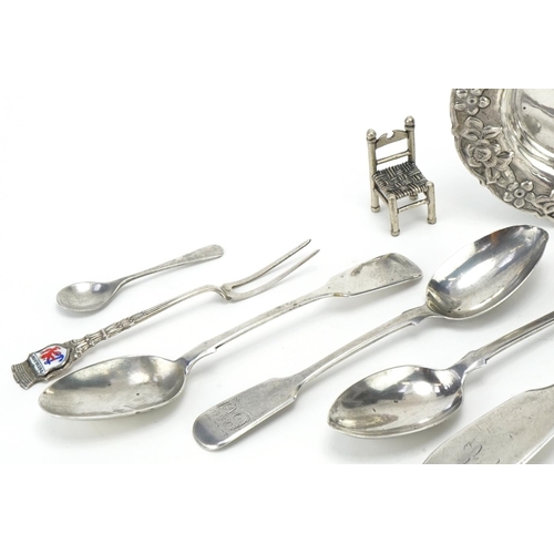 2447 - Victorian and later silver including spoons and a German silver dish, the largest 21.5cm in length, ... 