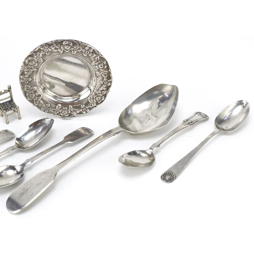 2447 - Victorian and later silver including spoons and a German silver dish, the largest 21.5cm in length, ... 