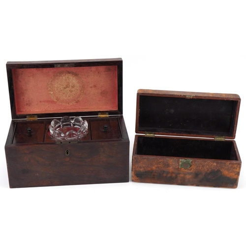 1130 - Victorian rosewood tea caddy along with a Victorian leather covered box, the largest 15cm H x 30cm W... 