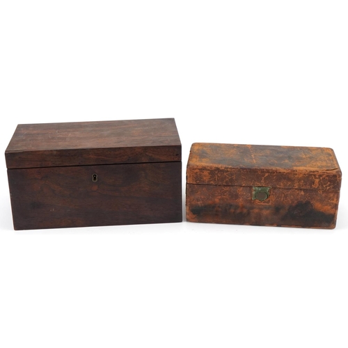 1130 - Victorian rosewood tea caddy along with a Victorian leather covered box, the largest 15cm H x 30cm W... 