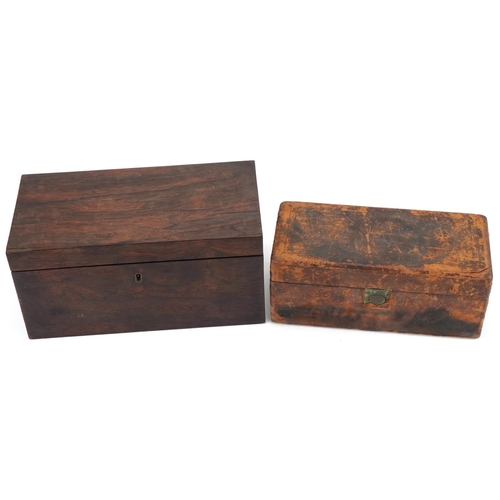 1130 - Victorian rosewood tea caddy along with a Victorian leather covered box, the largest 15cm H x 30cm W... 