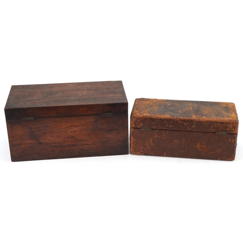 1130 - Victorian rosewood tea caddy along with a Victorian leather covered box, the largest 15cm H x 30cm W... 