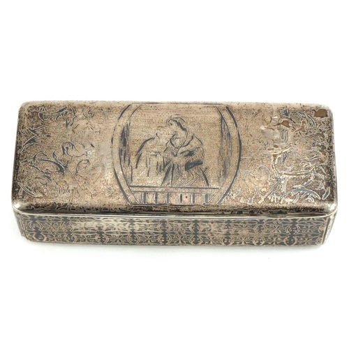 302 - Continental silver Niello snuff box decorated with religious scene, 2.5cm H x 8.5cm W x 3cm D