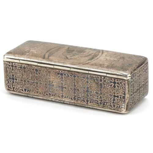 302 - Continental silver Niello snuff box decorated with religious scene, 2.5cm H x 8.5cm W x 3cm D