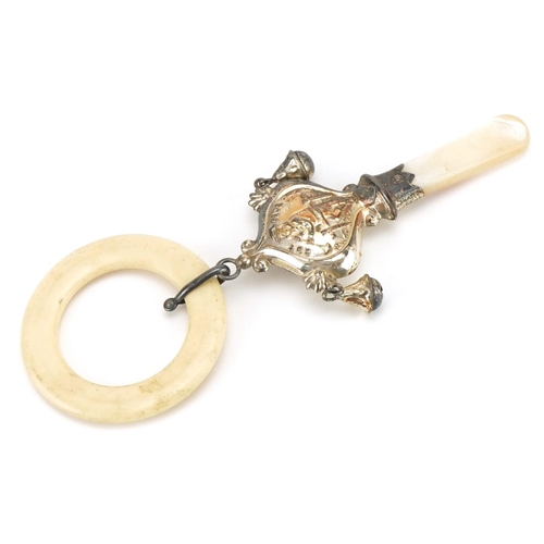 315 - Victorian style silver babies rattle with mother of pearl handle and composite teething ring, emboss... 