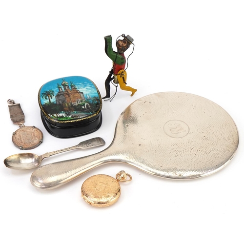 1127 - Objects including silver backed hand mirror, Russian black lacquered papier mache box and an Estee L... 