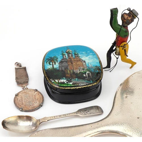 1127 - Objects including silver backed hand mirror, Russian black lacquered papier mache box and an Estee L... 