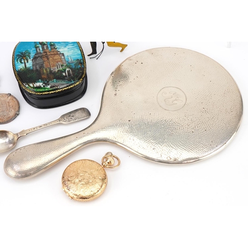 1127 - Objects including silver backed hand mirror, Russian black lacquered papier mache box and an Estee L... 