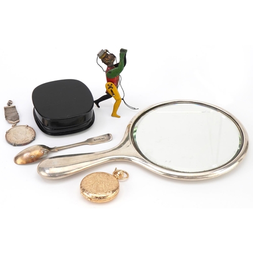 1127 - Objects including silver backed hand mirror, Russian black lacquered papier mache box and an Estee L... 