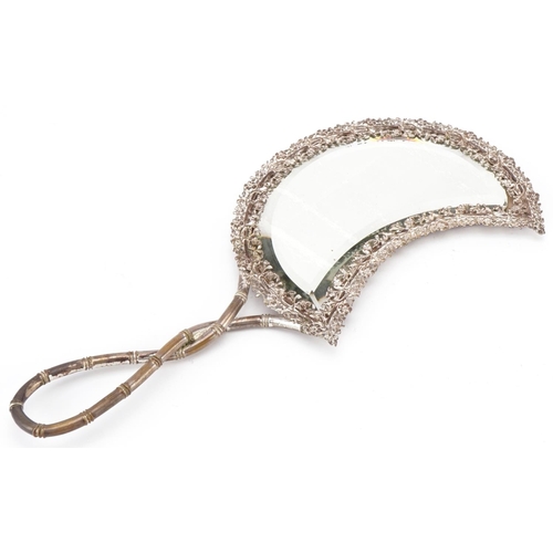 2463 - Victorian white metal hand mirror in the form of a crescent with fitted case