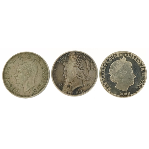 1225 - Three silver coins an American Liberty Dollar, silver five pound coin and George VI silver crown