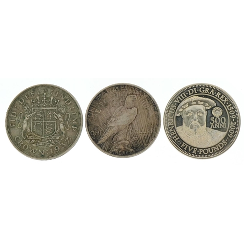 1225 - Three silver coins an American Liberty Dollar, silver five pound coin and George VI silver crown